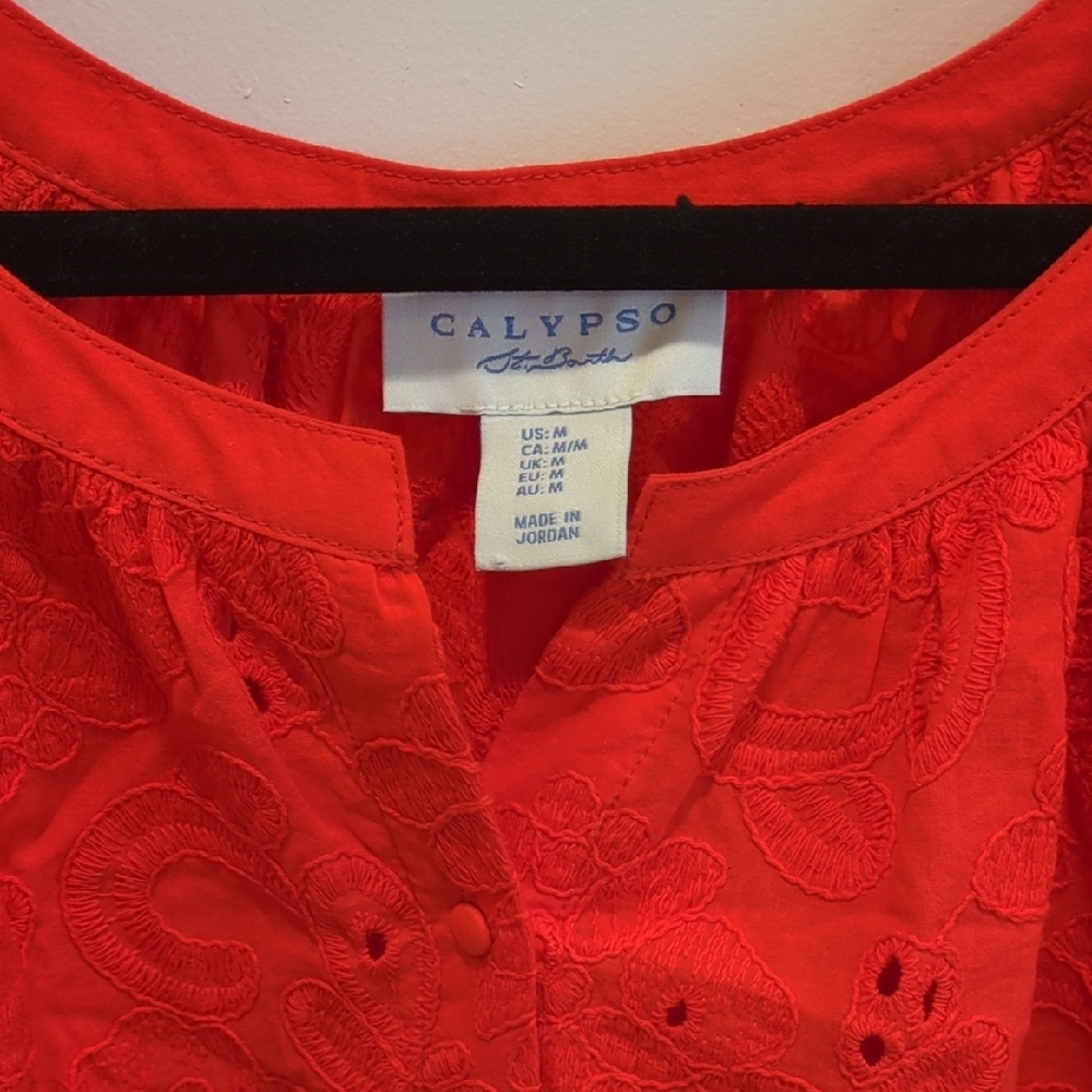 Cottage Prairie Summer Boho Calypso St. Barth Red Lace Eyelet Cotton Top Medium - Picture 2 of 5